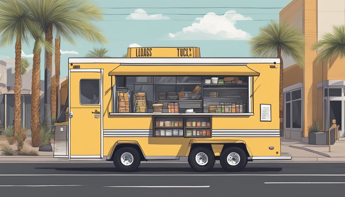 A food truck parked on a busy street in Mesa, Arizona, with visible signage displaying compliance with local laws and regulations