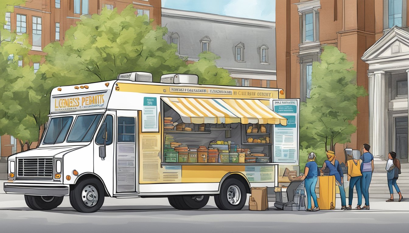 A food truck parked outside city hall, surrounded by officials and paperwork, with a large sign displaying "Licenses and Permits" in Lexington, Kentucky