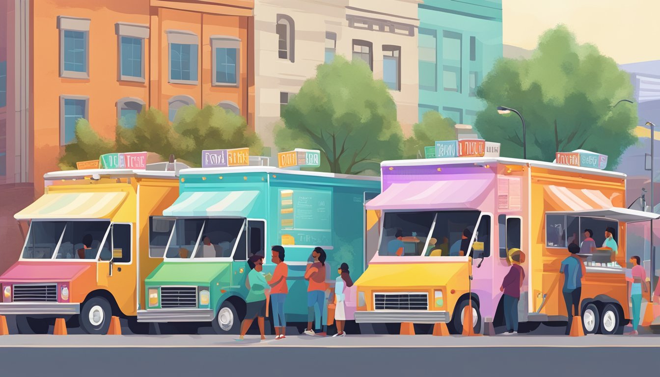 A row of colorful food trucks parked in a designated area, with customers lined up in front of each truck. Signs displaying operational guidelines and Mesa food truck laws are prominently displayed