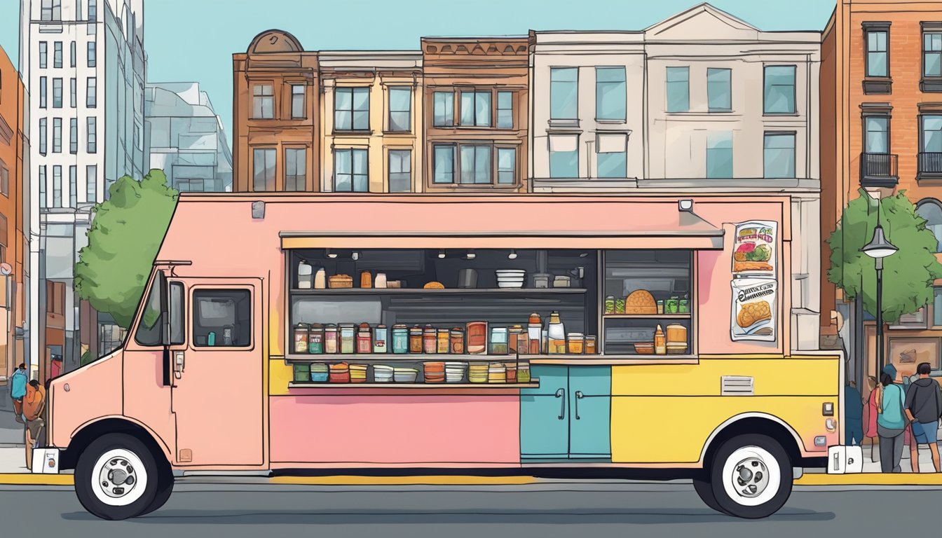 A food truck parked on a city street, surrounded by customers and complying with Lexington, Kentucky food truck laws