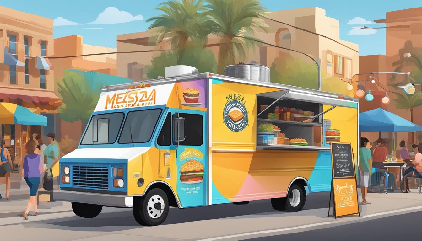 A food truck parked on a bustling street, adorned with colorful branding and marketing strategies. A sign displays "Mesa, Arizona Food Truck Laws" prominently