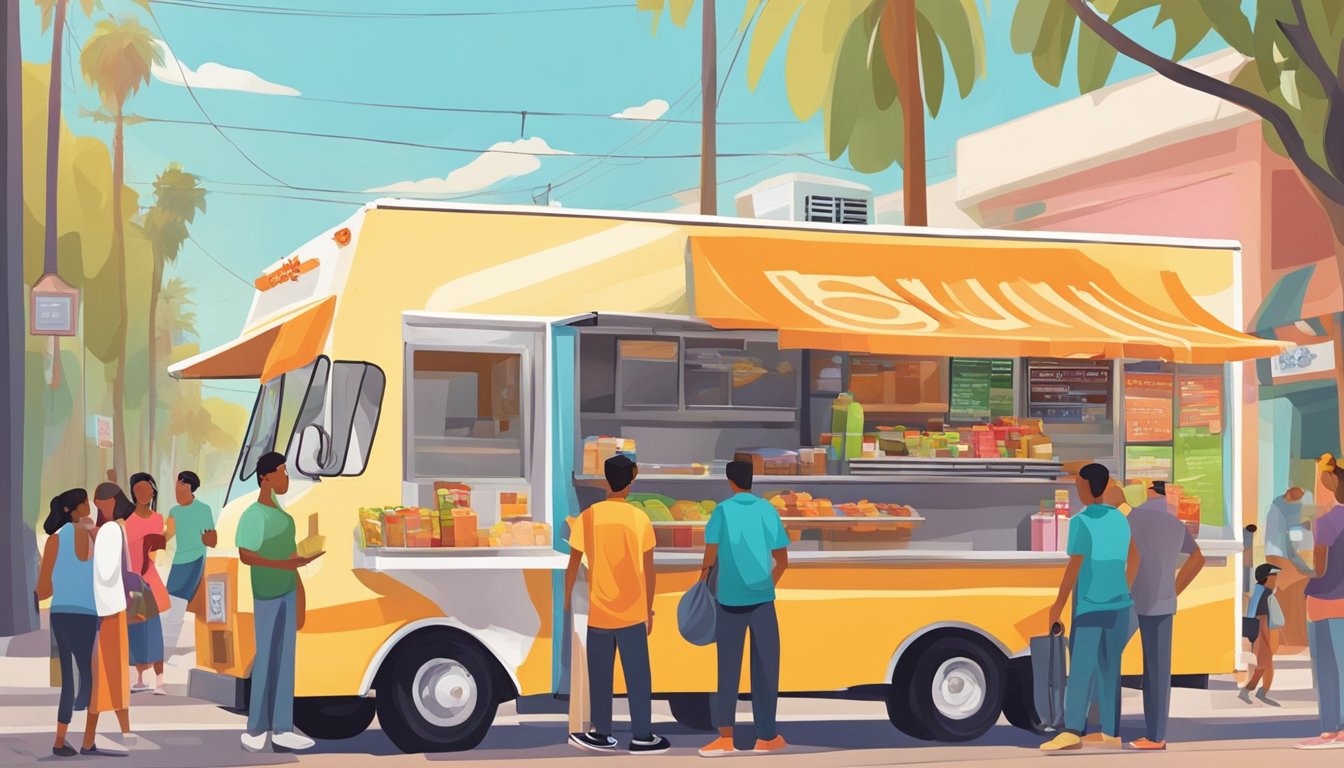 A food truck parked on a bustling street in Ontario, California, with a line of customers eagerly waiting to order. The sun is shining, and colorful banners flutter in the breeze