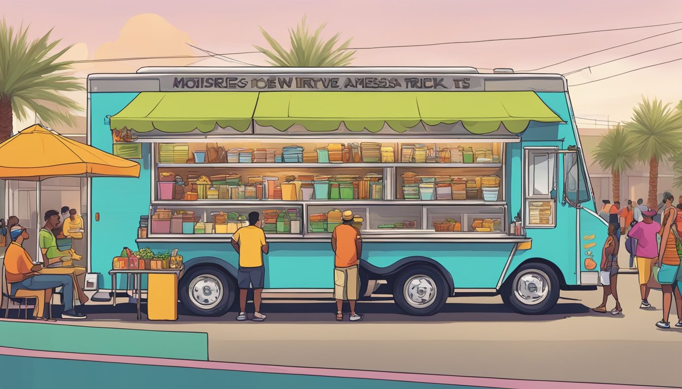 A food truck parked at a bustling outdoor event in Mesa, Arizona, with a colorful awning and a line of customers waiting to order