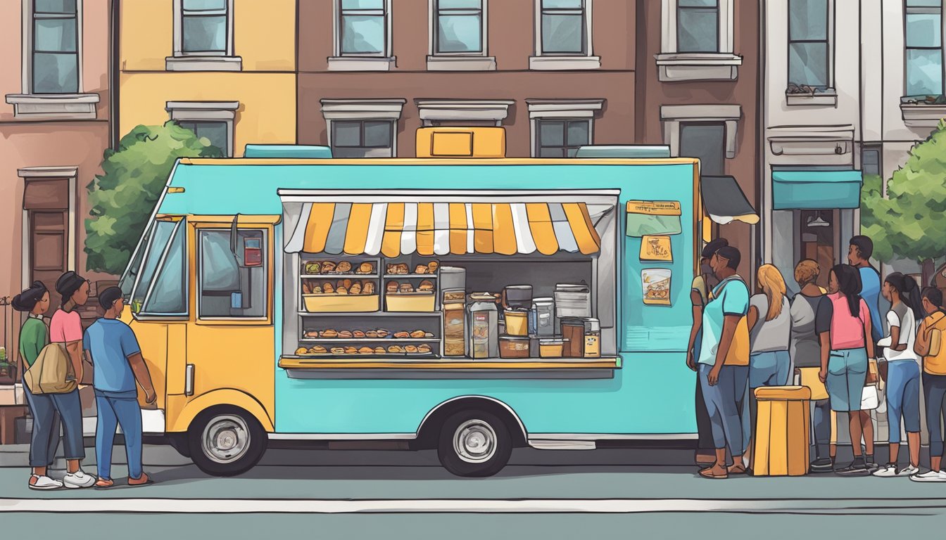 A food truck parked on a busy street in Lexington, Kentucky, with a line of customers waiting to order. A sign displays the city's food truck laws