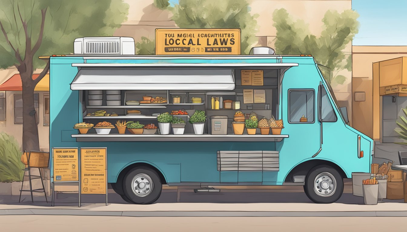 A food truck parked in Mesa, Arizona, with signs displaying various logistical concerns and restrictions related to local food truck laws