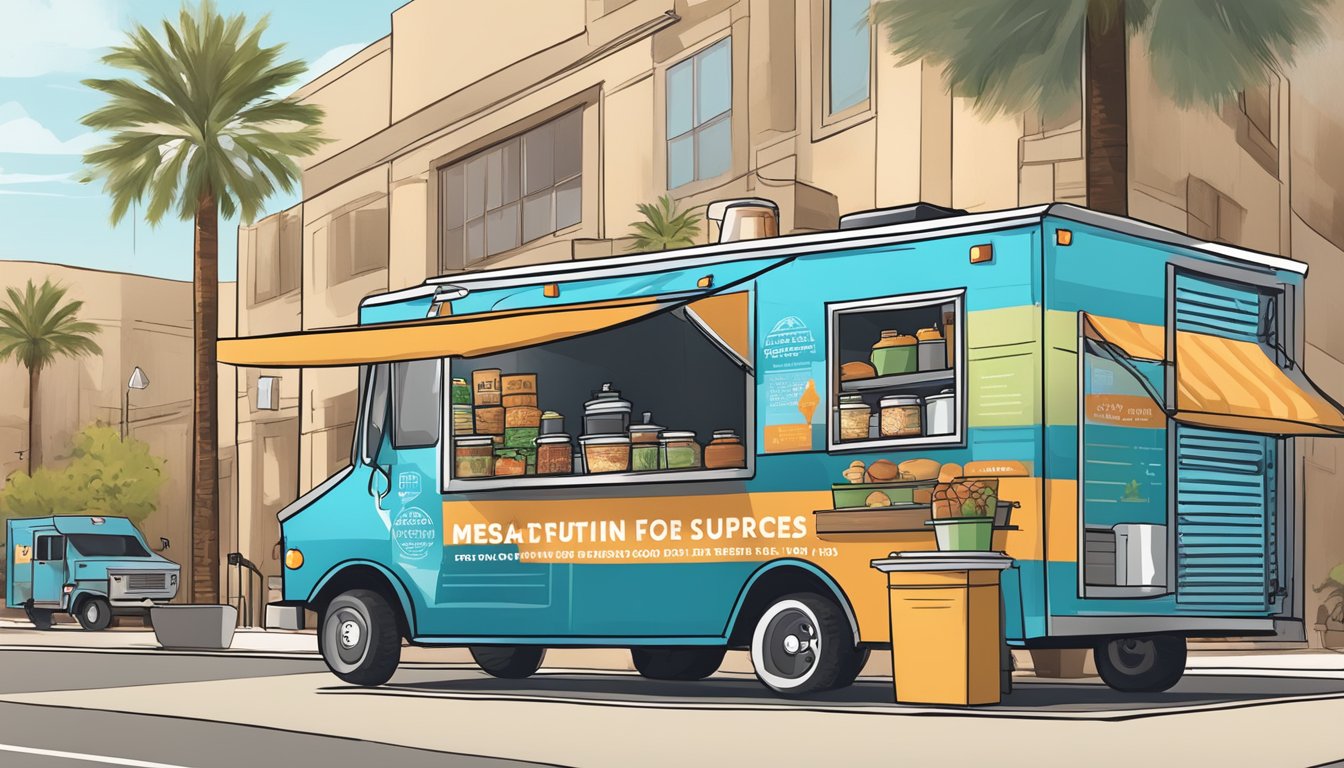 A food truck parked on a city street with a sign displaying "Support Resources for Food Truck Entrepreneurs" and a map of food truck laws in Mesa, Arizona