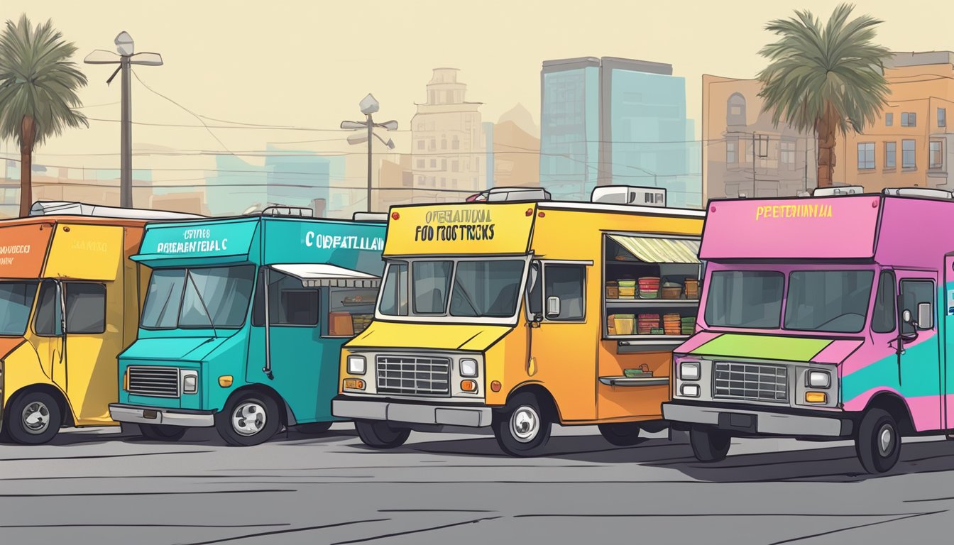 A row of colorful food trucks parked along a bustling street, with signs displaying "Operational Requirements for Food Trucks" and "Food Truck Laws Ontario California."