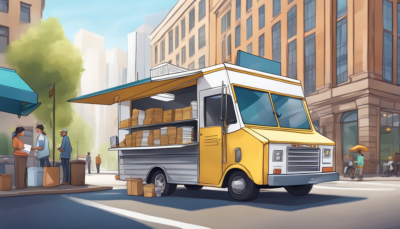 A food truck parked on a bustling city street, with a stack of legal documents and financial records on the counter