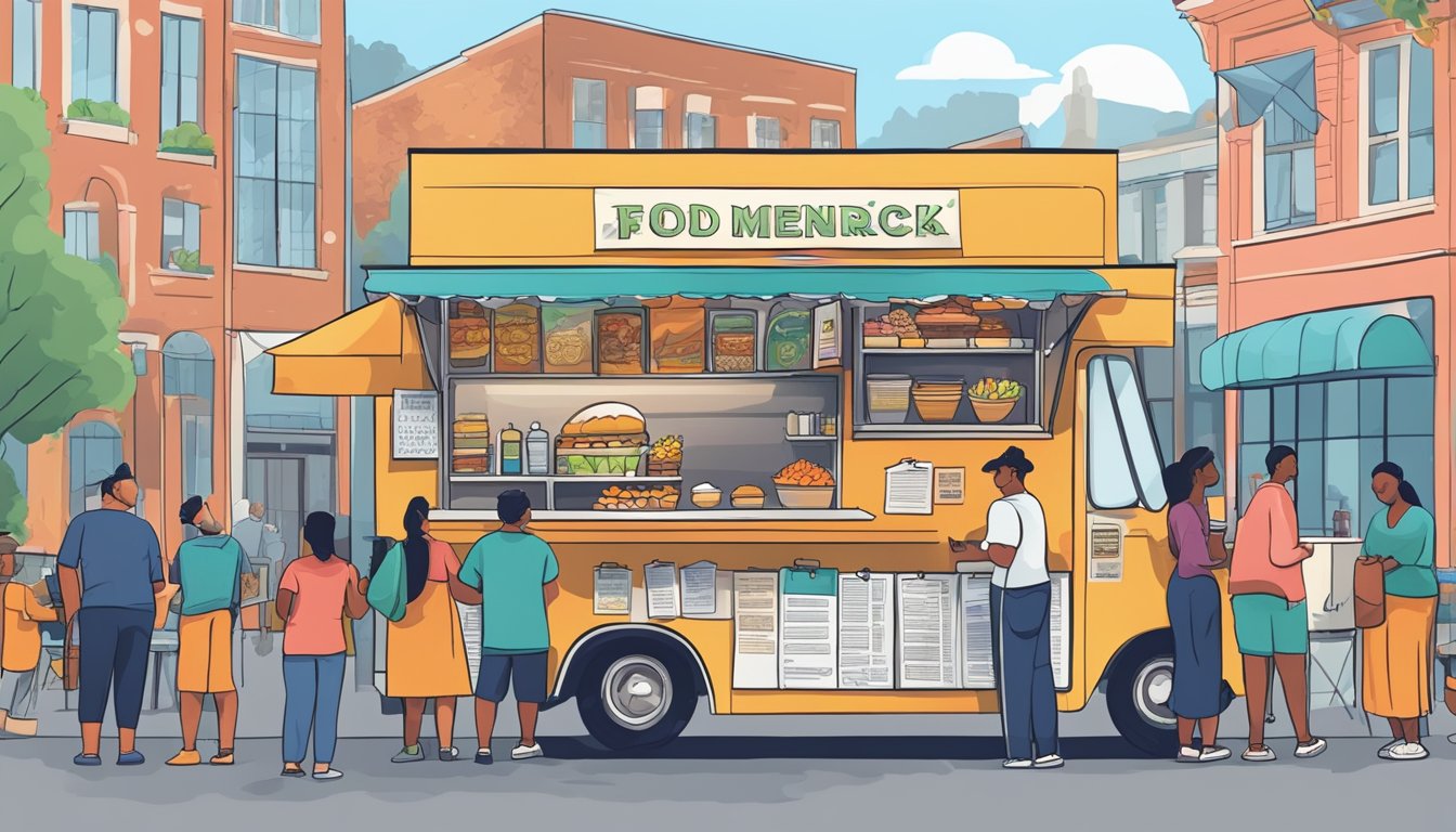 A food truck parked at a bustling outdoor market, surrounded by colorful banners and signs promoting its menu. Customers line up eagerly to order