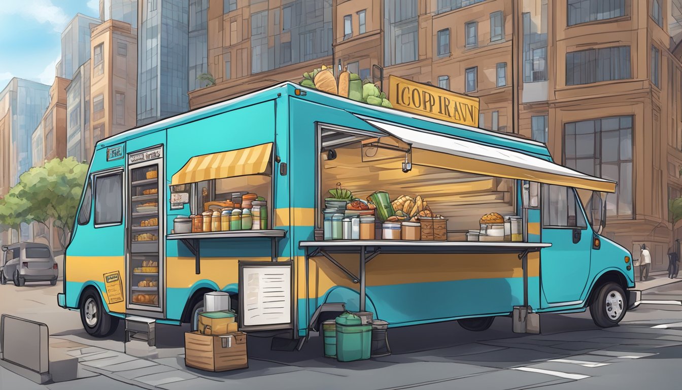 A food truck parked on a city street, surrounded by signage displaying various legal regulations and compliance requirements