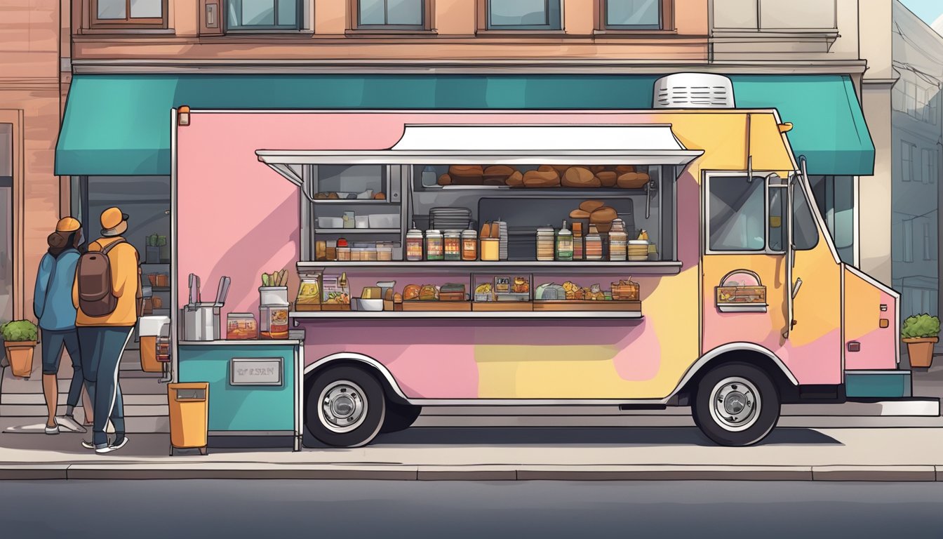 A food truck parked on a city street, surrounded by customers and displaying required permits and licenses prominently on the exterior