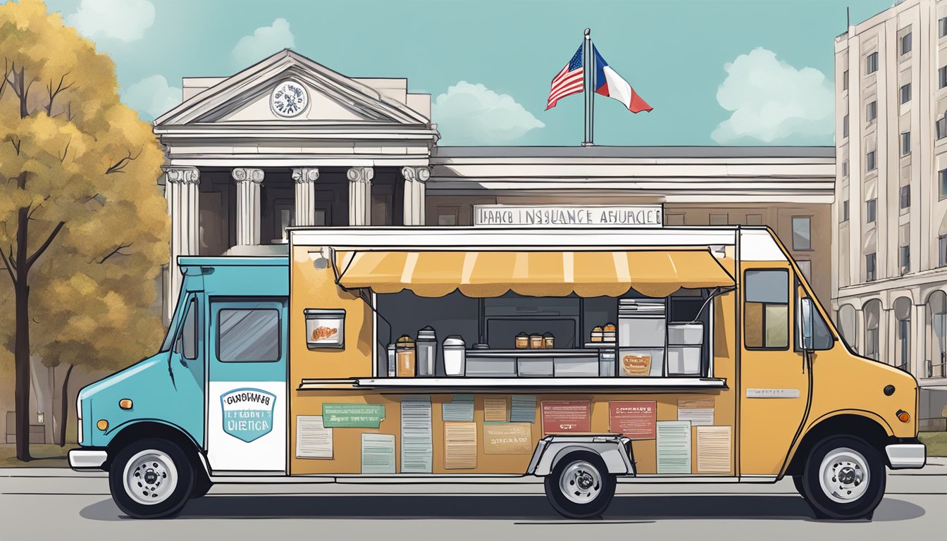 A food truck parked near a government building, displaying insurance and vehicle regulations signage, with a state flag flying in the background