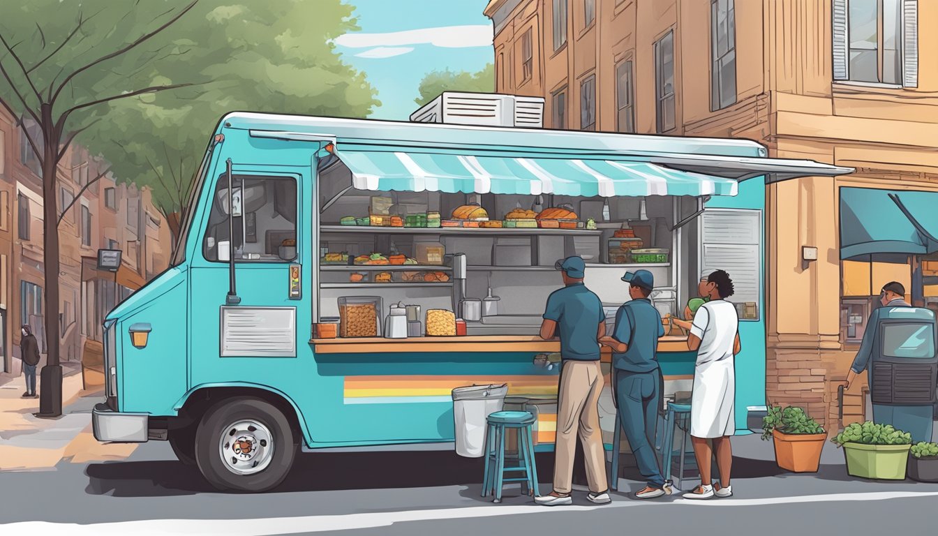 A food truck parked in a bustling South Carolina city, with a health inspector conducting a thorough inspection of the cleanliness and safety protocols