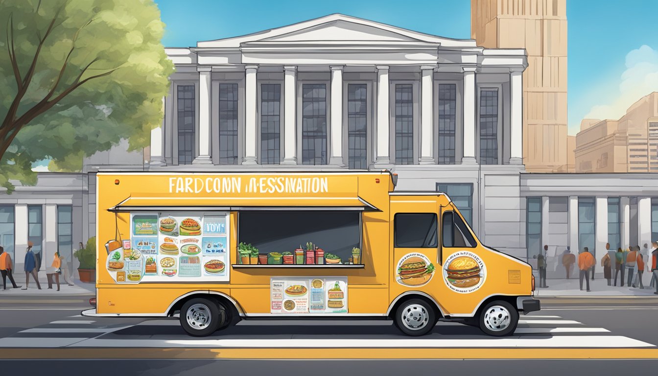 A food truck parked outside a government building, displaying multiple membership and association stickers on the window. A city skyline in the background