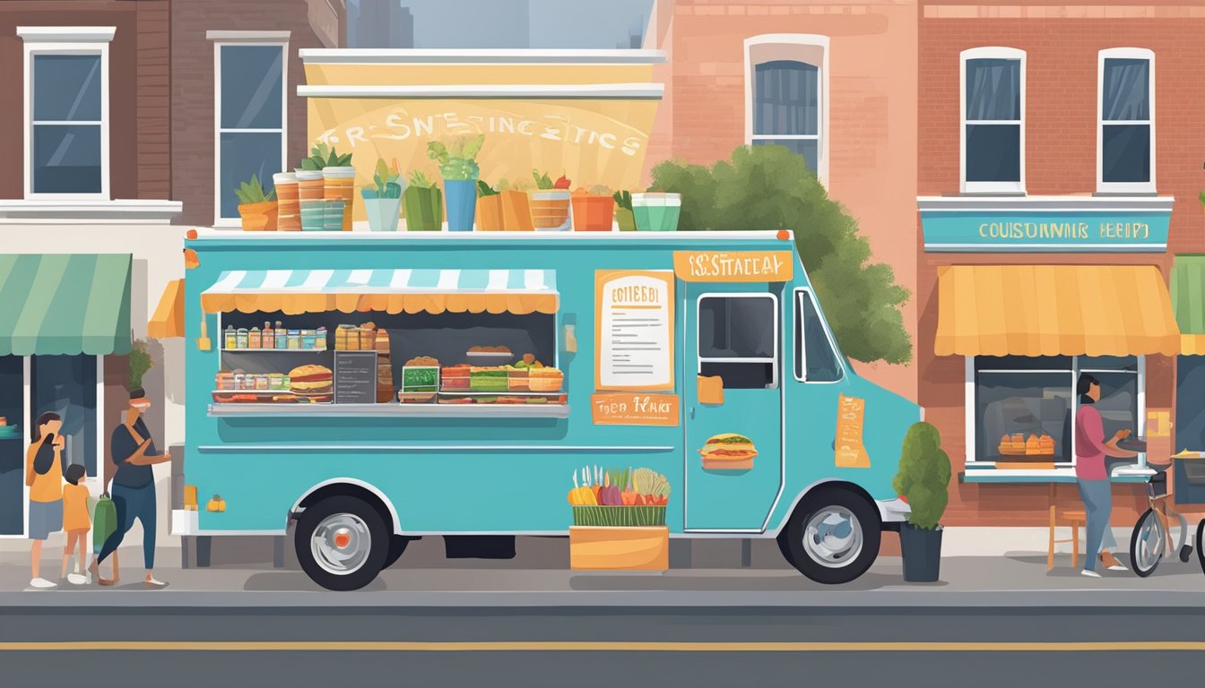 A food truck parked on a bustling street in Pennsylvania, with a line of customers waiting to order. The truck is adorned with colorful signage and a menu board displaying various food options