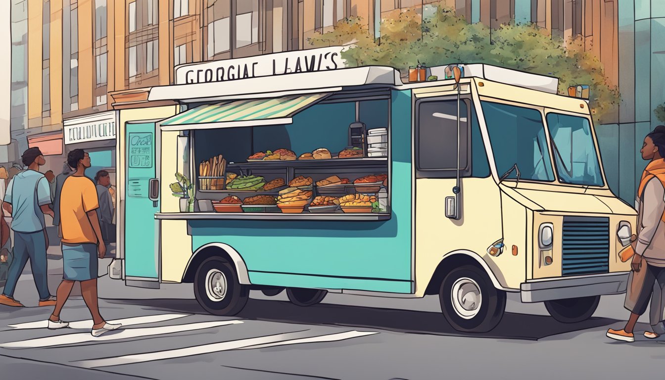 A food truck parked on a city street, surrounded by bustling pedestrians. A sign displays Georgia food truck laws. Online orders and delivery drivers are visible