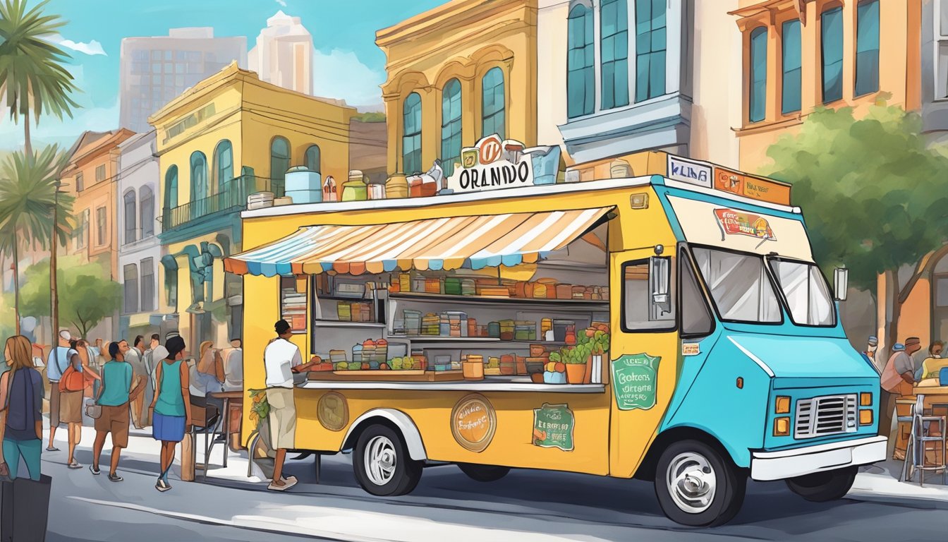 A colorful food truck parked on a bustling street, surrounded by customers and adhering to Orlando's food truck laws