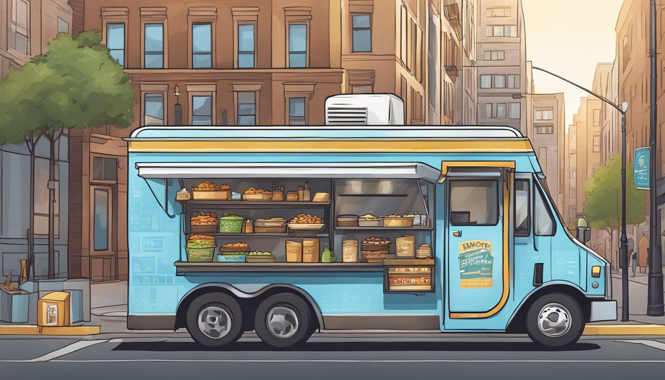 A food truck parked near a city street, surrounded by signage displaying Pennsylvania food truck laws. The truck is equipped with necessary operational features