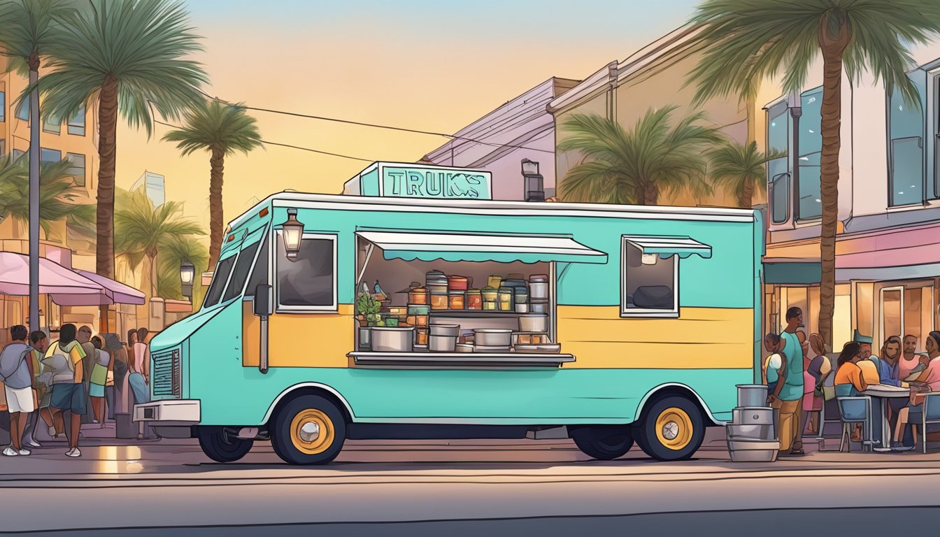 A food truck parked on a busy street in Orlando, Florida, with a line of customers waiting to order