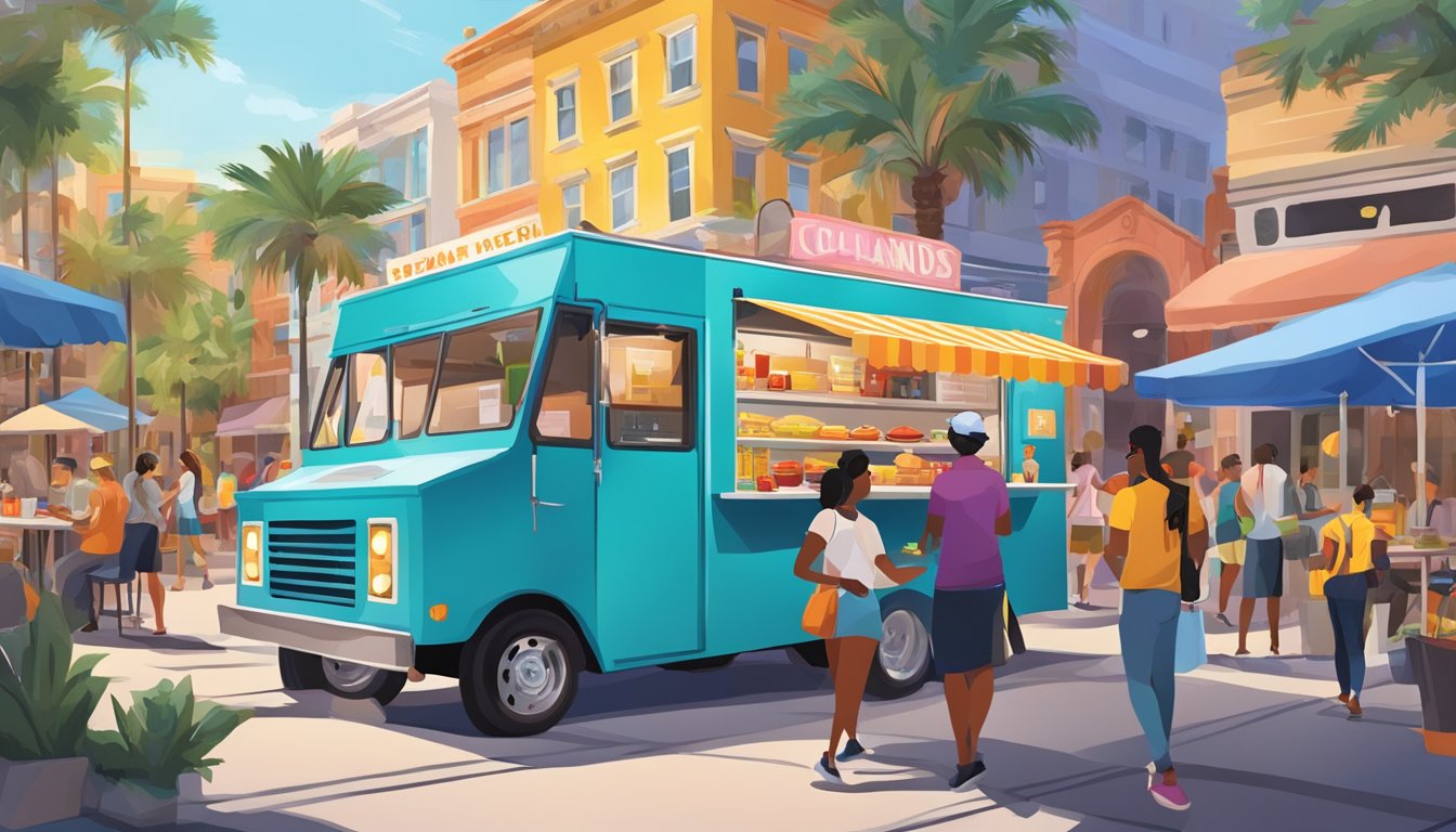 A food truck parked on a bustling Orlando street, surrounded by colorful signage and people enjoying a variety of cuisines