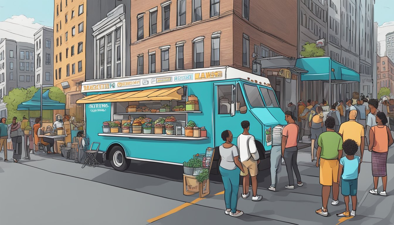 A food truck parked in front of a bustling city street, with a line of customers waiting to order. A sign displays "Marketing and Customer Relations" with Pennsylvania food truck laws listed below