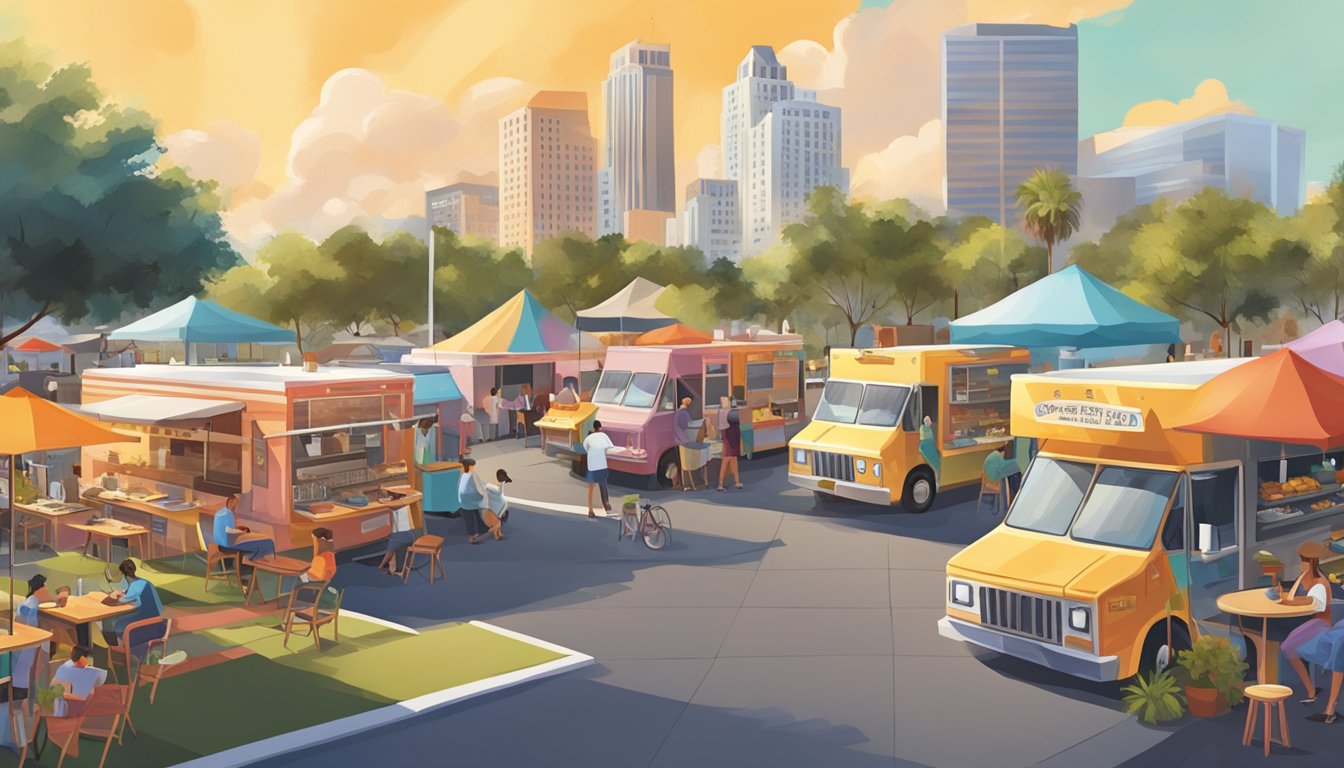 A bustling food truck park in Orlando, Florida, with colorful trucks serving up a variety of cuisines under the warm sun