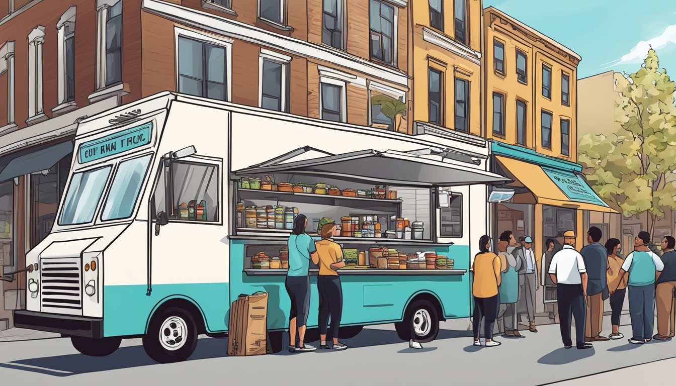 A food truck parked on a city street, surrounded by customers. A sign displays the menu items. A city official inspects the truck for compliance with Pennsylvania food truck laws