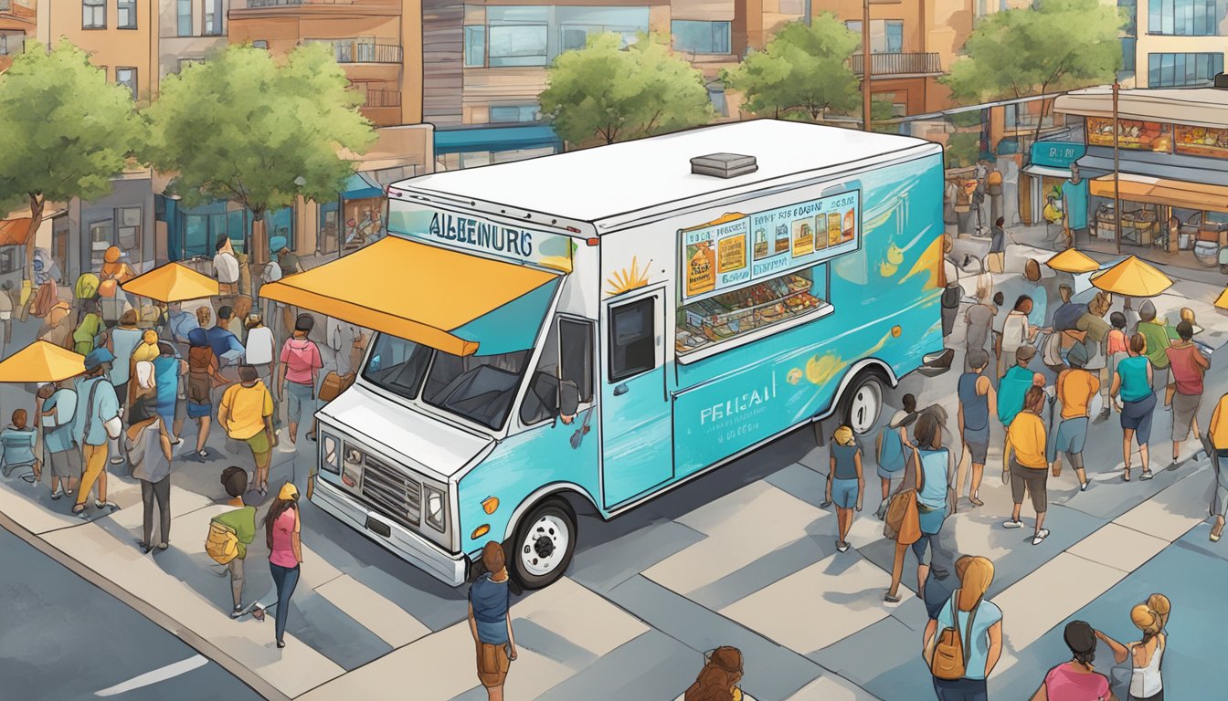 A food truck parked on a city street, displaying Health and Safety Regulations compliance signage, with a bustling crowd and surrounding buildings in Albuquerque, New Mexico