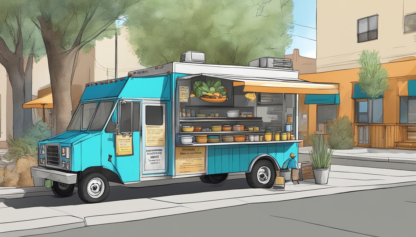 A food truck parked on a street in Albuquerque, New Mexico, with zoning and location regulations displayed nearby