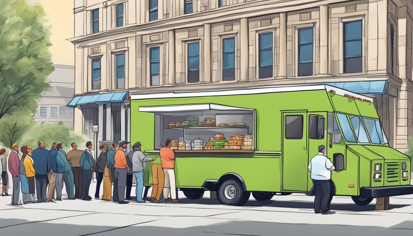 A food truck parked outside a Pennsylvania courthouse, surrounded by officials and business owners discussing new partnership and expansion laws