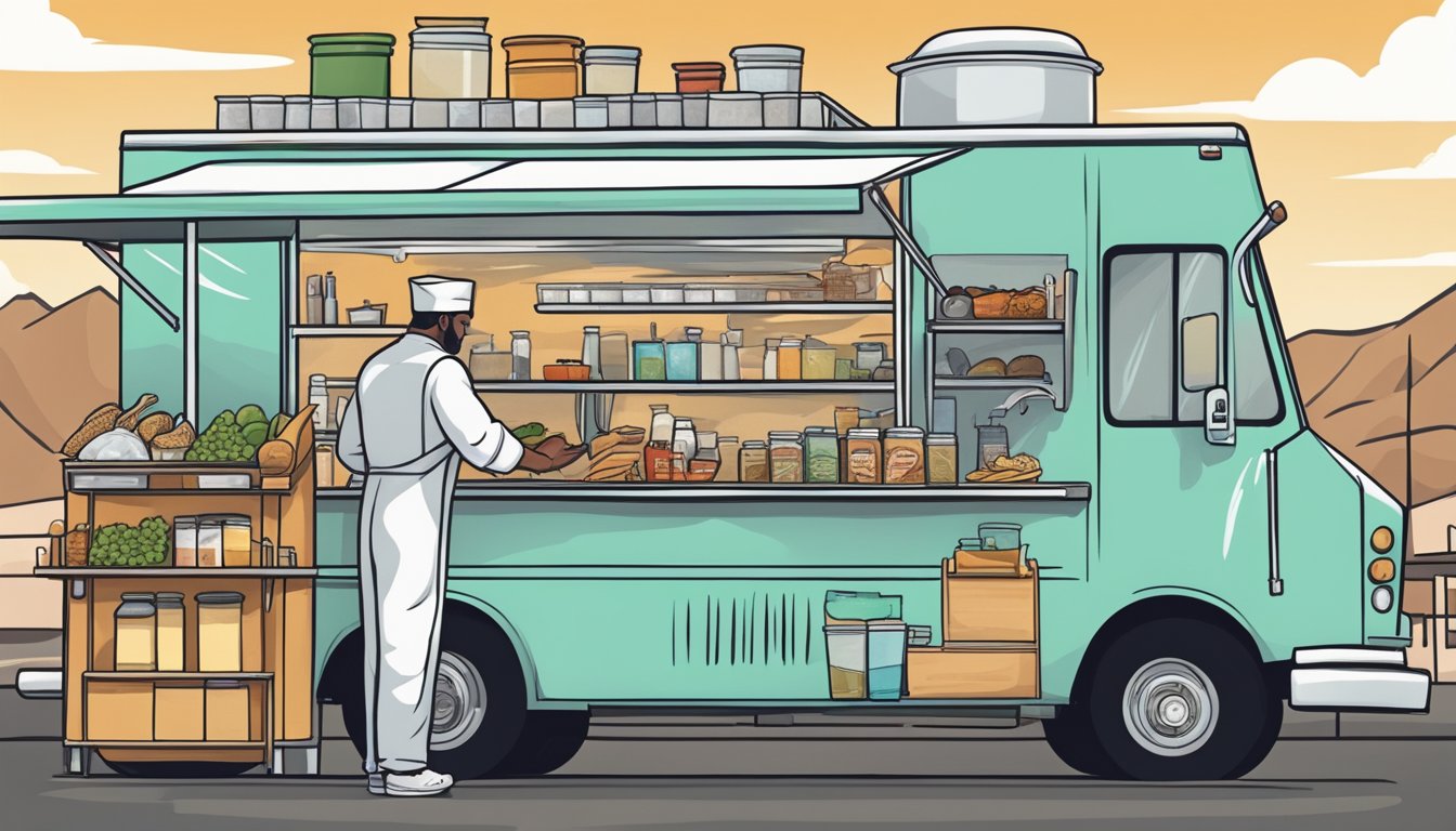 A food truck parked in Albuquerque, New Mexico, with a chef wearing gloves and following food safety regulations while preparing and handling ingredients