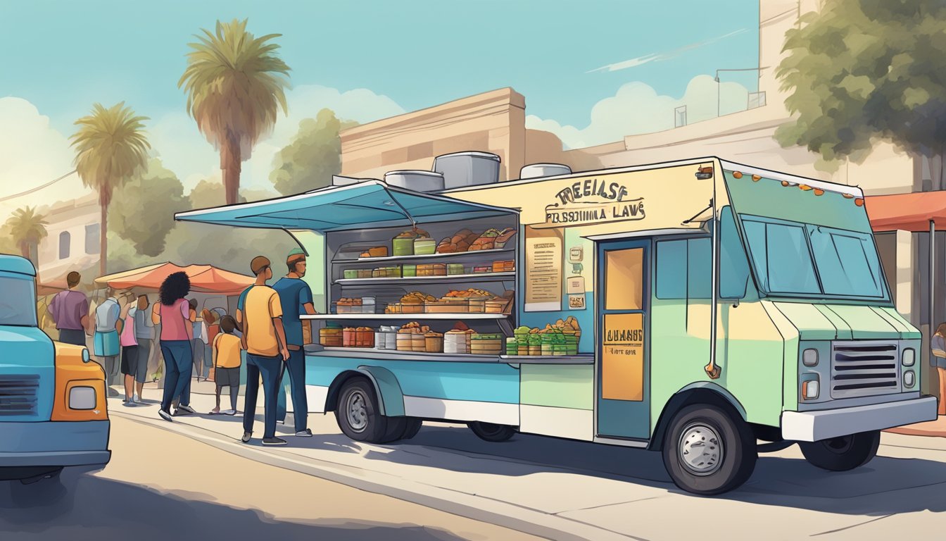 A food truck parked on a bustling street in Riverside, California, with customers lined up and a sign displaying the local food truck laws