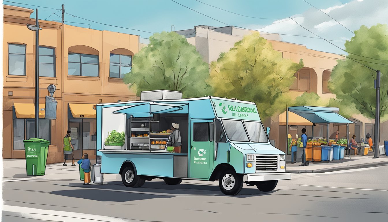 A food truck parked at a busy intersection in Albuquerque, New Mexico, with recycling bins and composting containers set up nearby