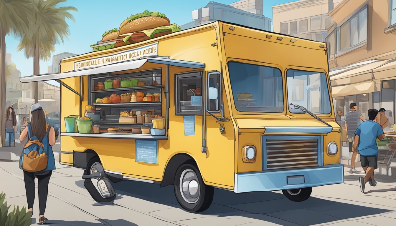 A food truck parked on a city street, surrounded by signage displaying various legal and ethical considerations related to food truck operations in Riverside, California