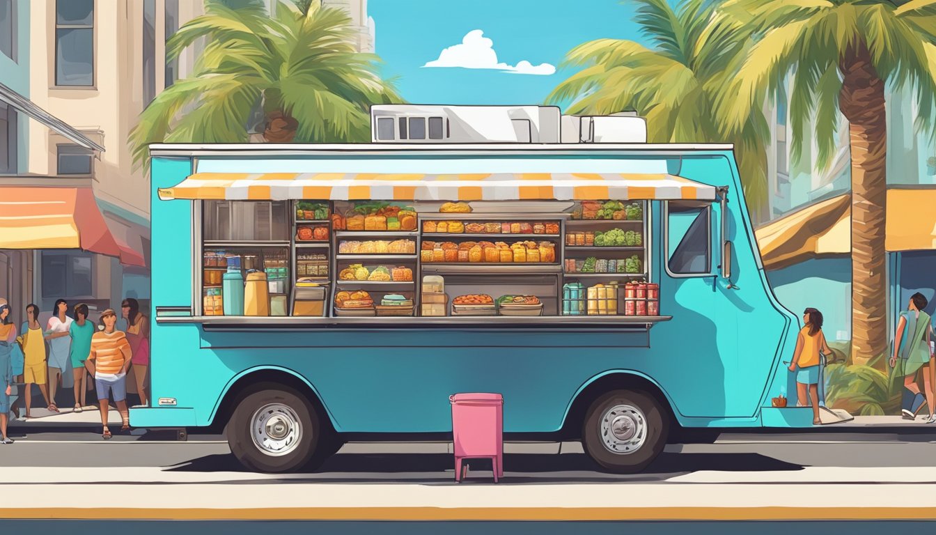 A colorful food truck parked on a bustling Honolulu street, surrounded by eager customers and framed by swaying palm trees and a clear blue sky