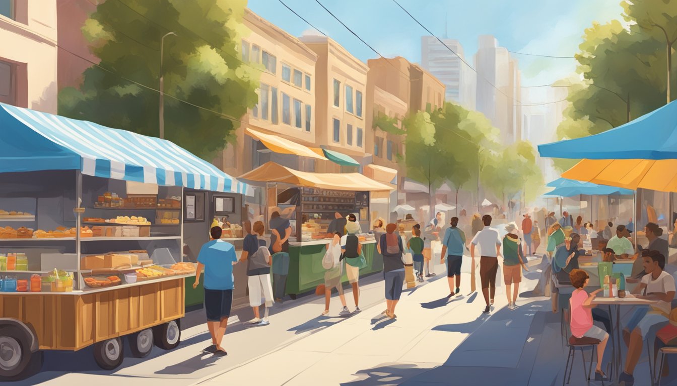 A bustling riverside street with food trucks lining the sidewalk, surrounded by people enjoying the sunny California weather