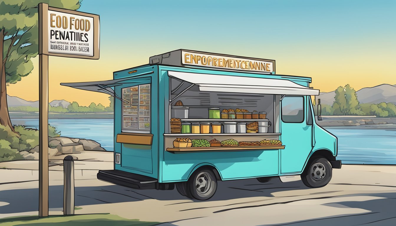 A food truck parked by the river, with a sign displaying "Enforcement and Penalties" for Riverside, California food truck laws