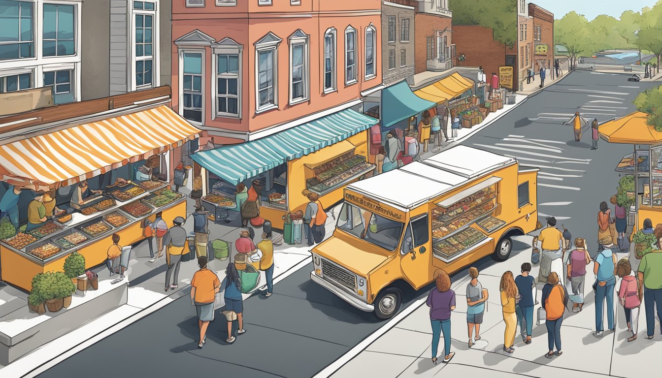 A variety of food trucks line a bustling street in Connecticut, each with its own unique design and menu. Customers eagerly wait in line to sample the diverse offerings