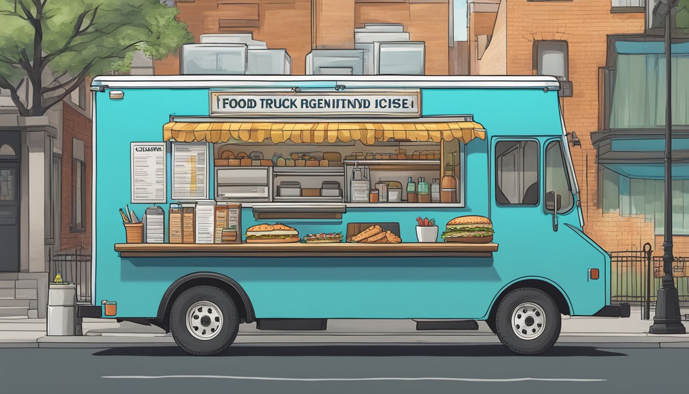 A food truck parked on a city street with a sign displaying "Food Truck License" and a checklist of legal requirements for operating in Connecticut