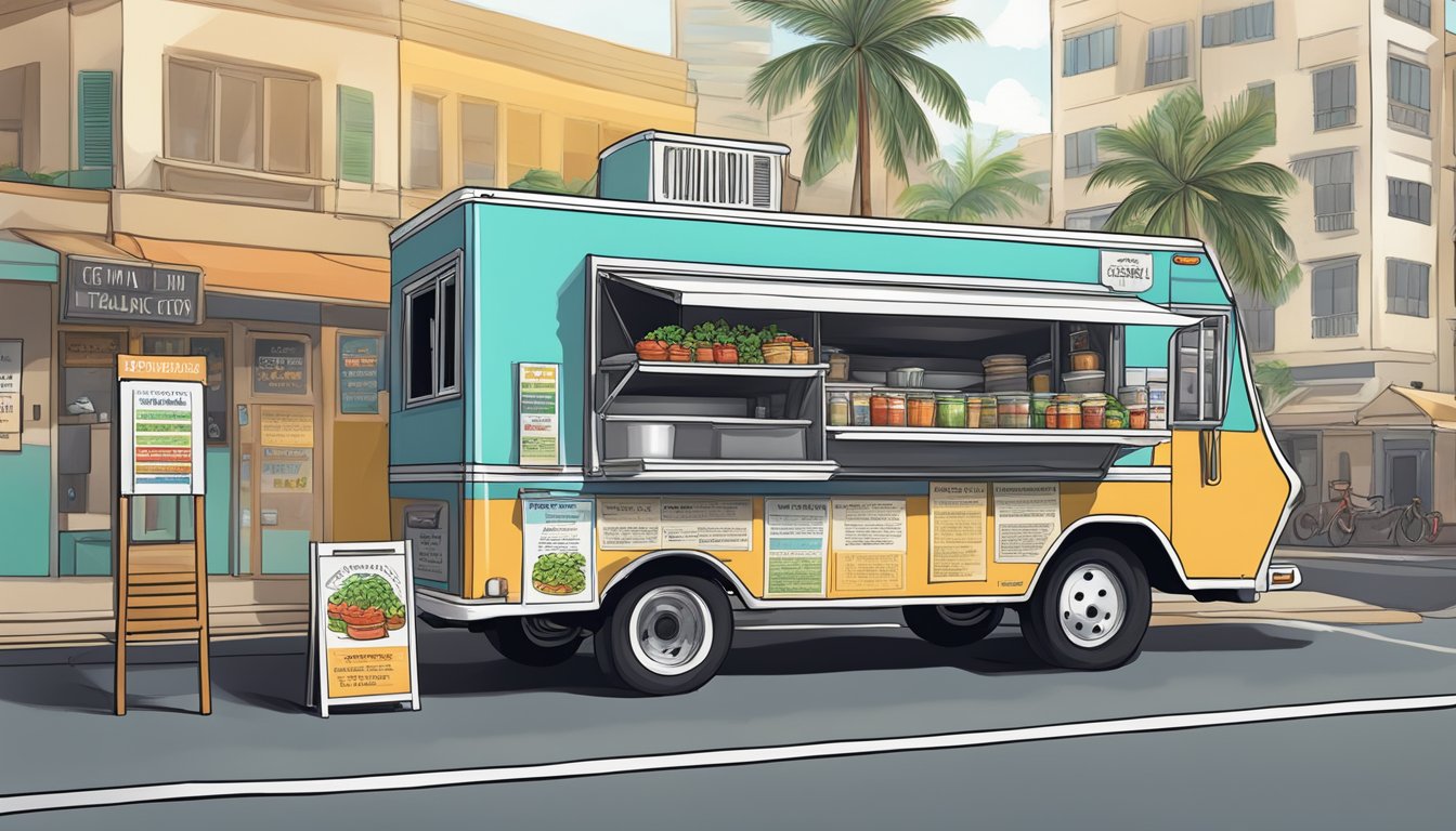 A food truck parked in Honolulu, Hawaii, with signage displaying compliance with local food truck laws