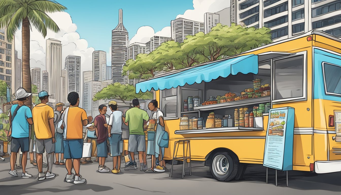 A food truck parked on a bustling Honolulu street, with a city skyline in the background. A sign displays "Food Truck Laws Honolulu, Hawaii" while customers line up to order