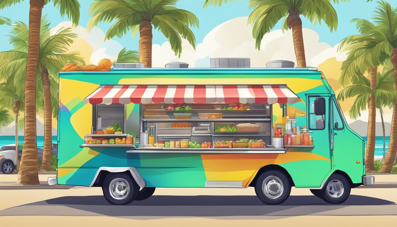 A colorful food truck parked on a bustling Honolulu street, surrounded by palm trees and happy customers enjoying delicious meals