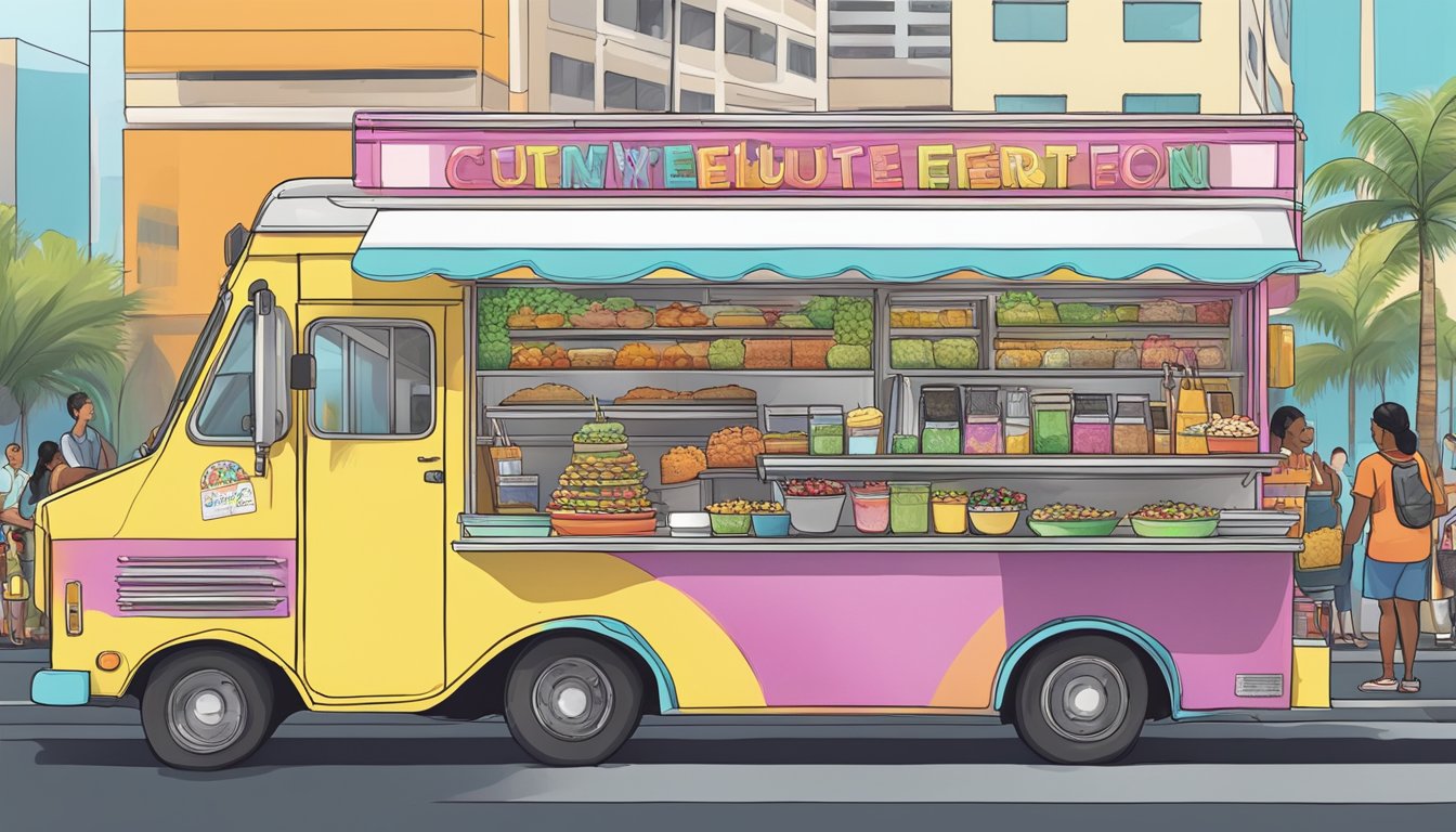 A colorful food truck parked at a bustling special event in Honolulu, Hawaii, with customers lined up and vendors displaying permits