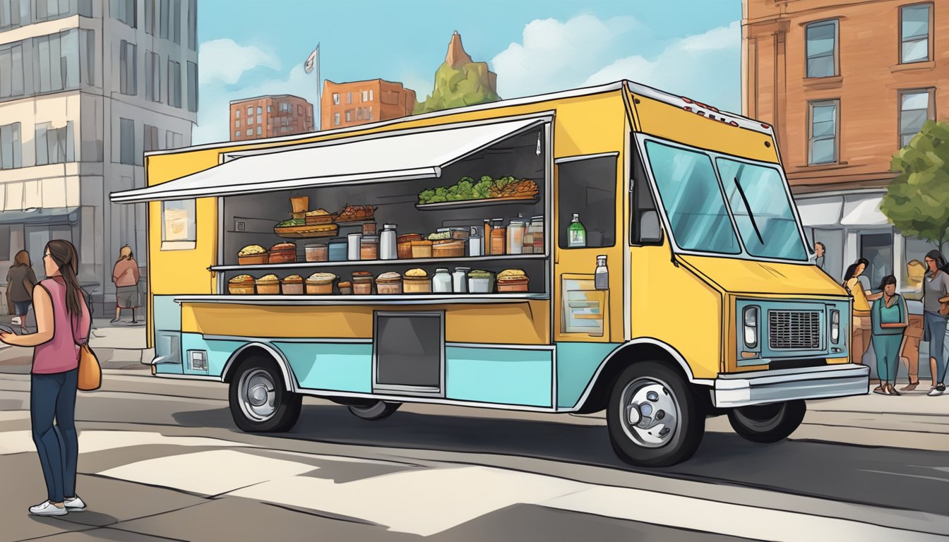 A food truck parked on a city street in Oklahoma, surrounded by customers and complying with local food truck laws