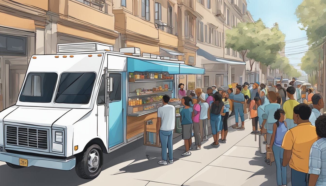 A food truck parked in a bustling California city, with a line of customers waiting to order, while a city official checks for compliance with operational guidelines