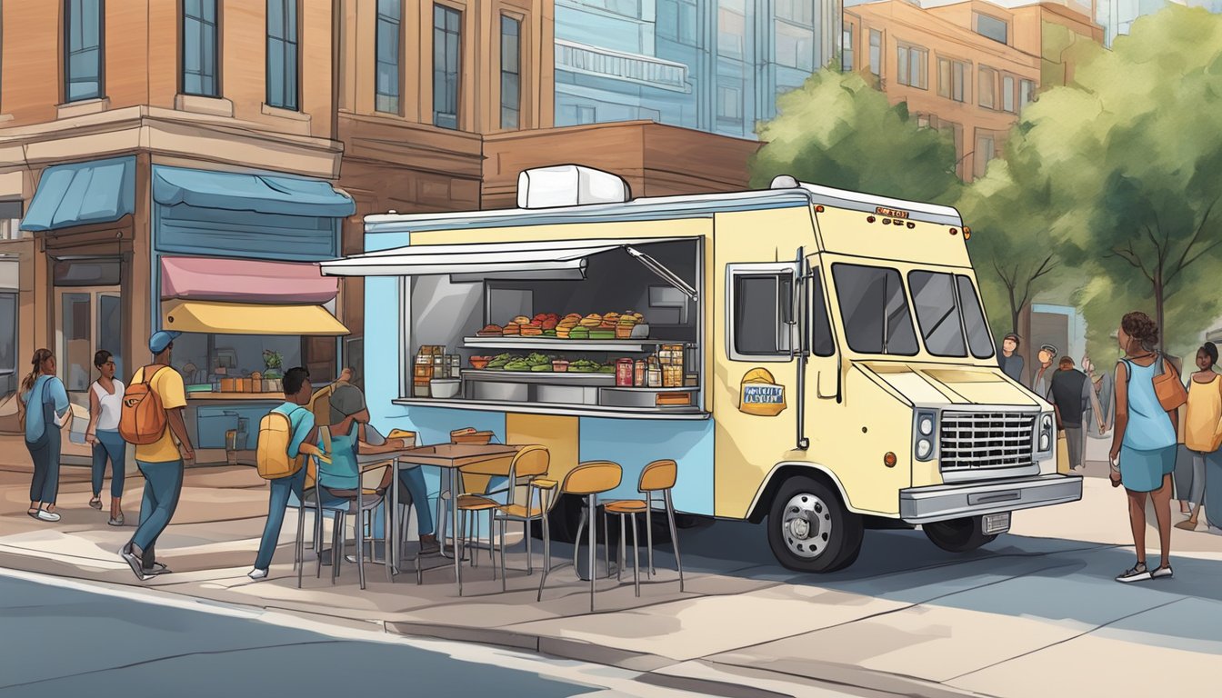 A food truck parked on a city street, surrounded by customers and complying with Oklahoma food service laws