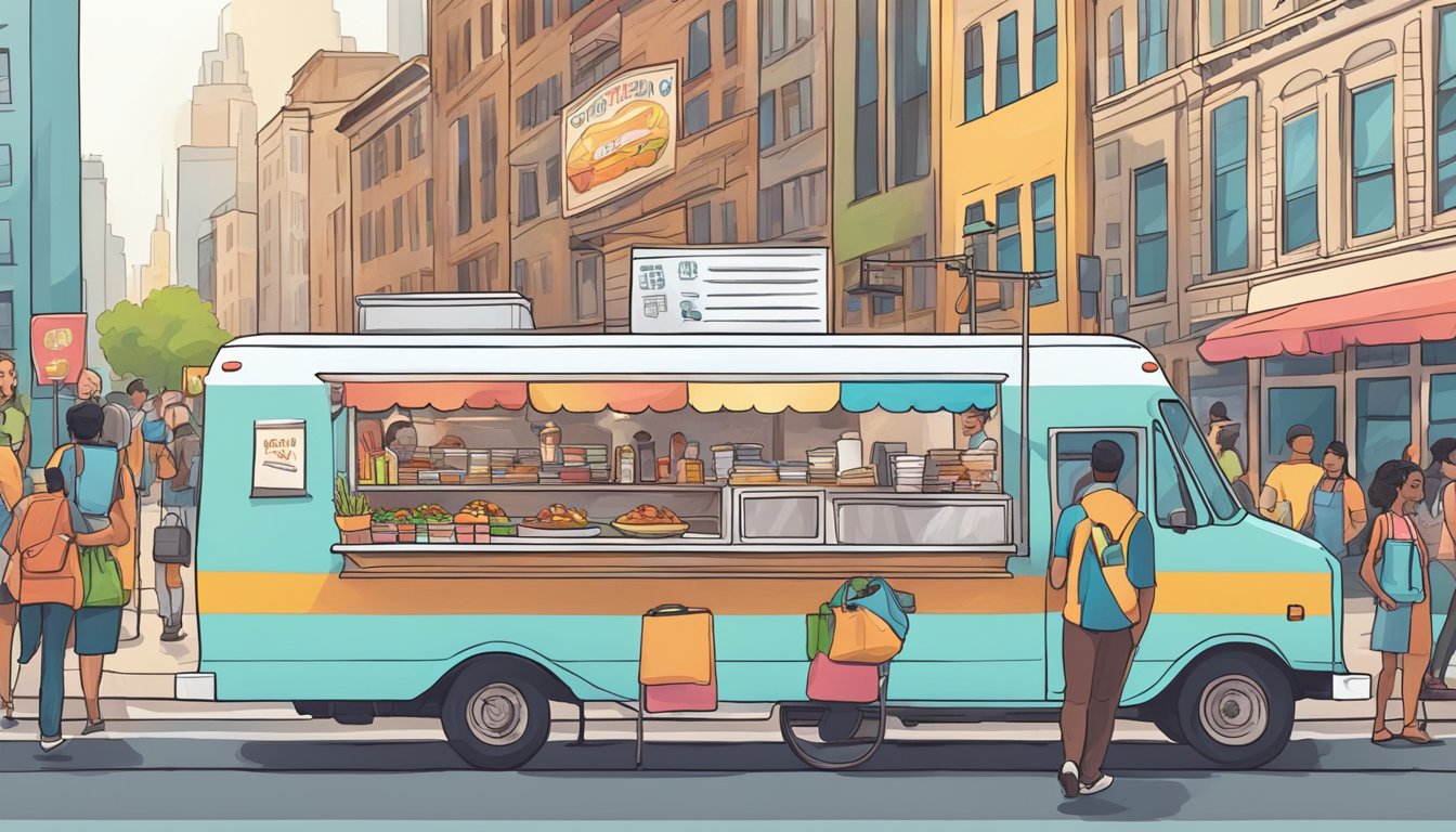 A food truck parked on a busy city street, surrounded by bustling crowds and colorful signage, with a line of customers waiting to order