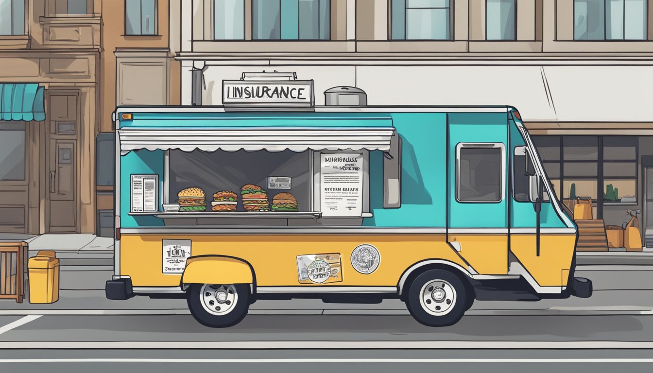 A food truck parked next to a city street, with a "Liability Insurance" sticker displayed. A state law book sits on the counter