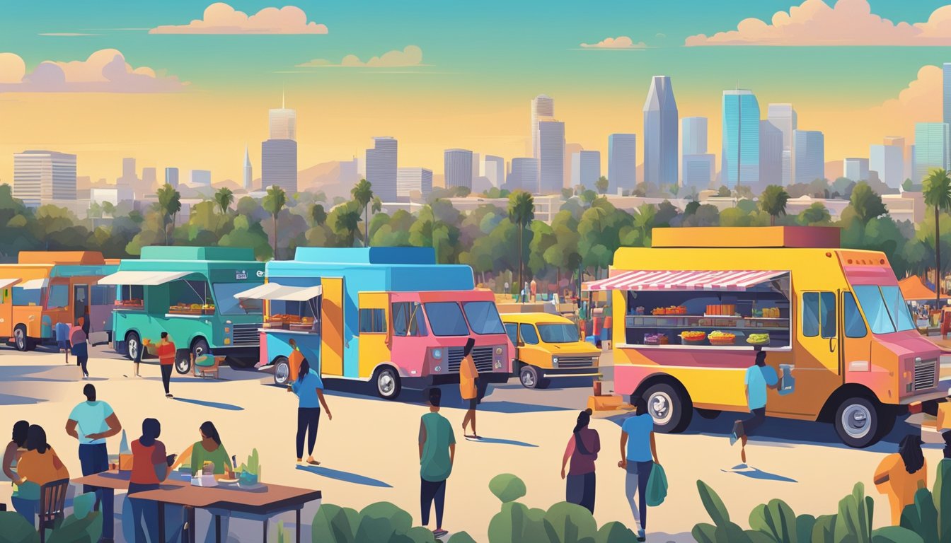 A bustling food truck park in Anaheim, California, with colorful trucks lined up, customers enjoying diverse cuisines, and a city skyline in the background