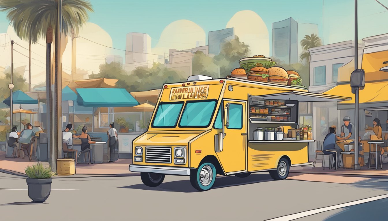 A food truck parked on a busy street in Anaheim, California, with a sign displaying its compliance with local food truck laws